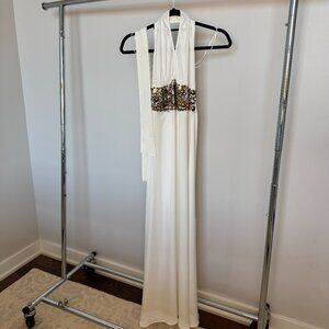 Ramy Brook White Halter Gown with Embellished Waist – Size 2